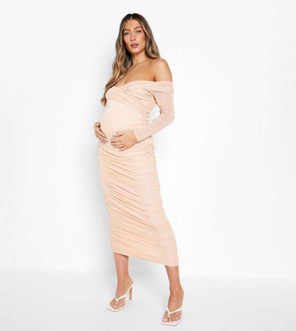 Maternity Off Shoulder Ruched Mesh Midi Dress