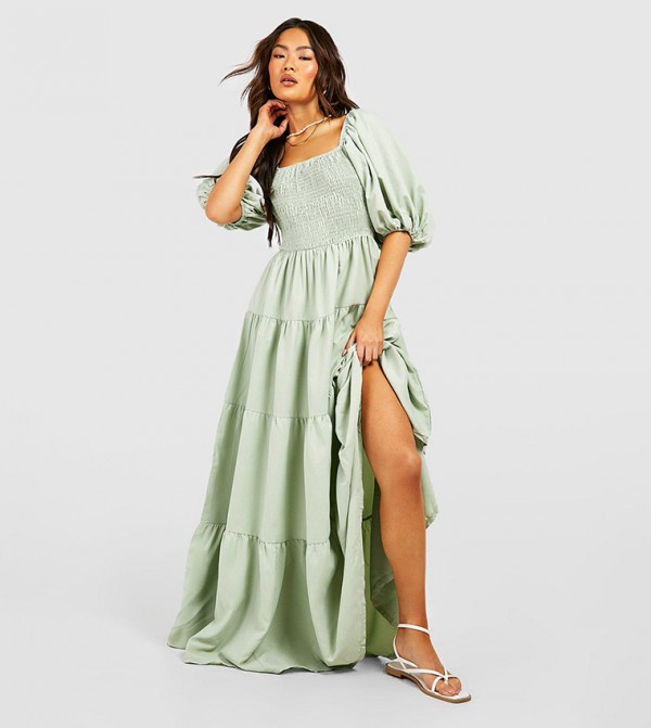 Extreme Puff Sleeves Shirred Maxi Smock Dress