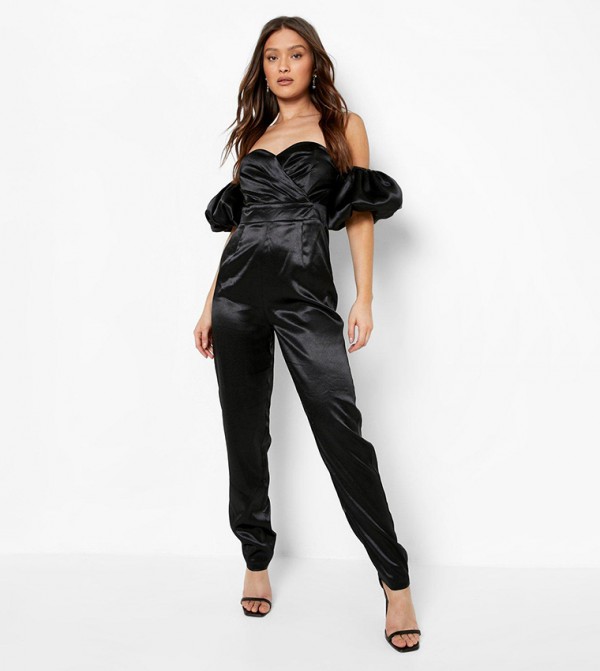 Buy Boohoo Pu Coated Cargo Pocket Bandeau Denim Jumpsuit In Black