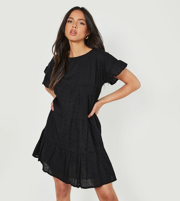 Buy Boohoo Broderie Tiered Smock Dress In Black | 6thStreet Kuwait