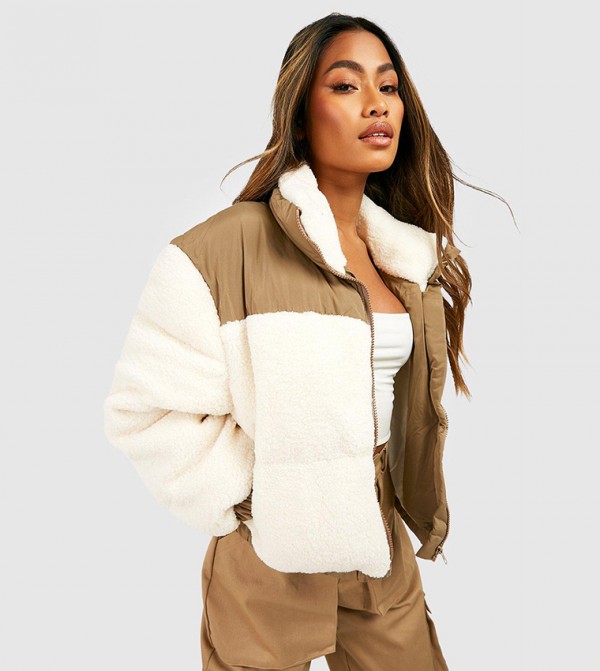 Cream faux fur padded jacket on sale