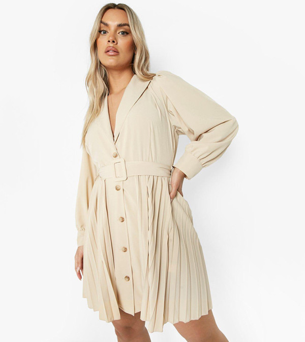 Buy Boohoo Pleated Belted Blazer Skater Dress In Beige | 6thStreet ...
