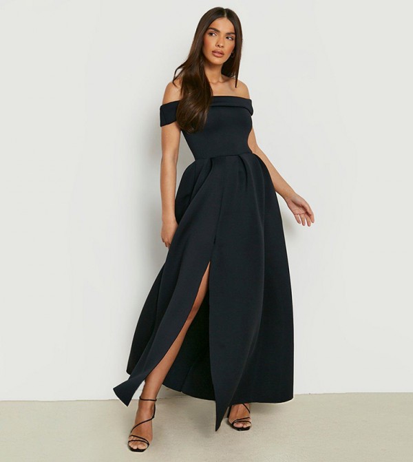 Buy Boohoo Bonded Scuba Bardot Maxi Dress In Black 6thstreet Oman 5113