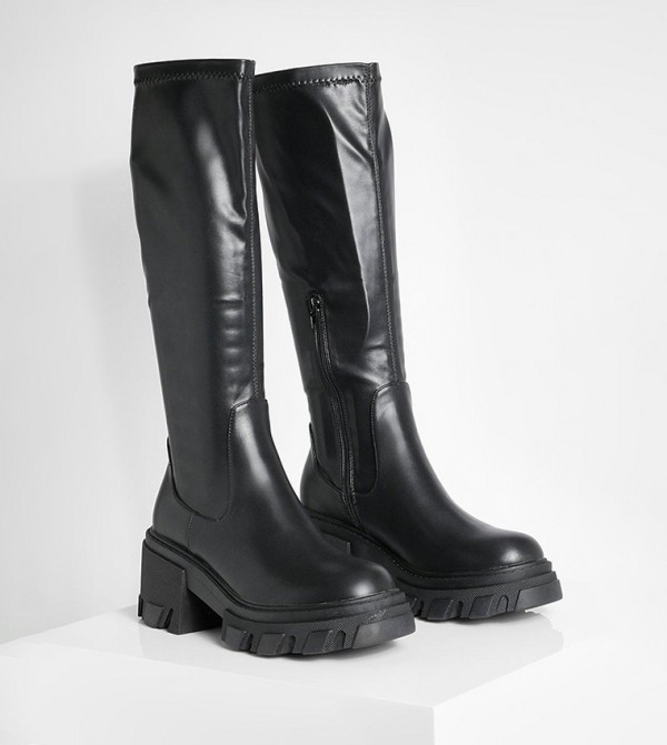 Calf High Chunky Heeled Boots