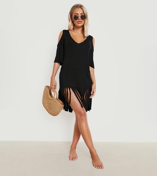 Buy Boohoo Shiny Fishnet Open Back Mini Beach Dress In Black