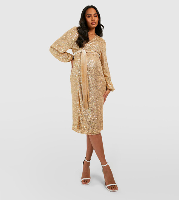 Buy Boohoo Maternity Sequins Puff Sleeves Belt Midi Dress In Tan |  6thStreet Kuwait