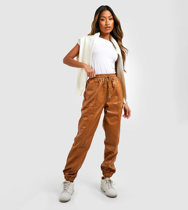 Buy Boohoo Premium Seam Detail Leather Look Joggers In Beige