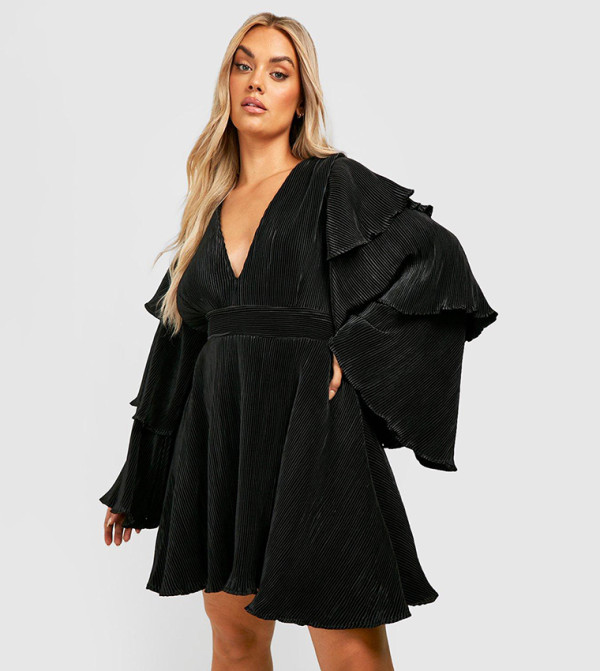 Buy Boohoo Layered Ruffle Sleeves Skater Dress In Black | 6thStreet UAE
