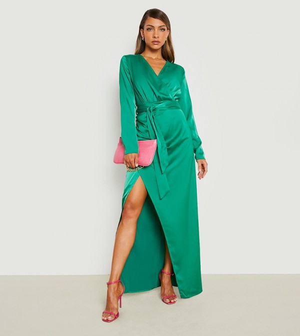 Buy Boohoo Satin Long Sleeves Wrap Front Maxi Dress In Green