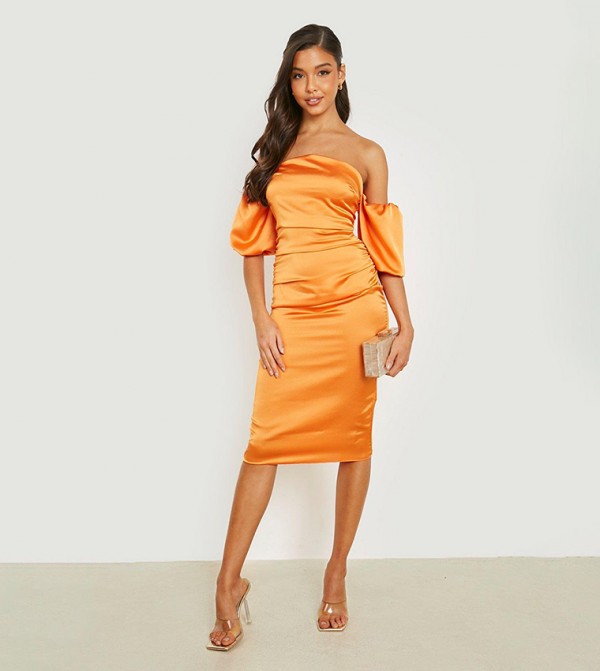 Orange off the cheap shoulder dress