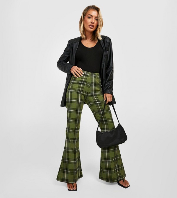 Buy Boohoo Tartan Woven Flared Trousers In Khaki 6thStreet UAE
