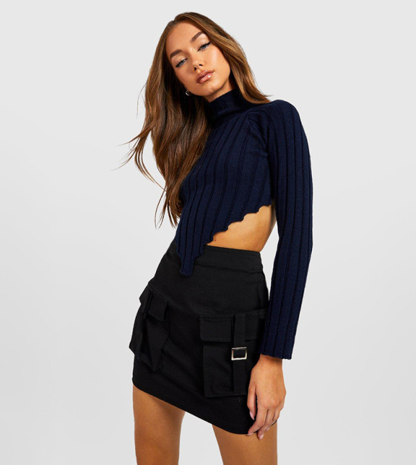 Buy Boohoo High Neck Wide Rib Knit Corset Top Jumper In Navy
