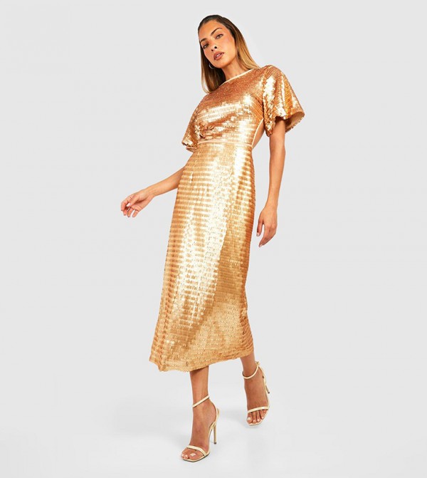 Buy Boohoo Sequined Angel Sleeves Cut Out Midi Party Dress In Gold ...