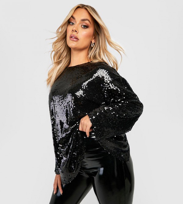 Plus Sequin Long Sleeves Open Back Top