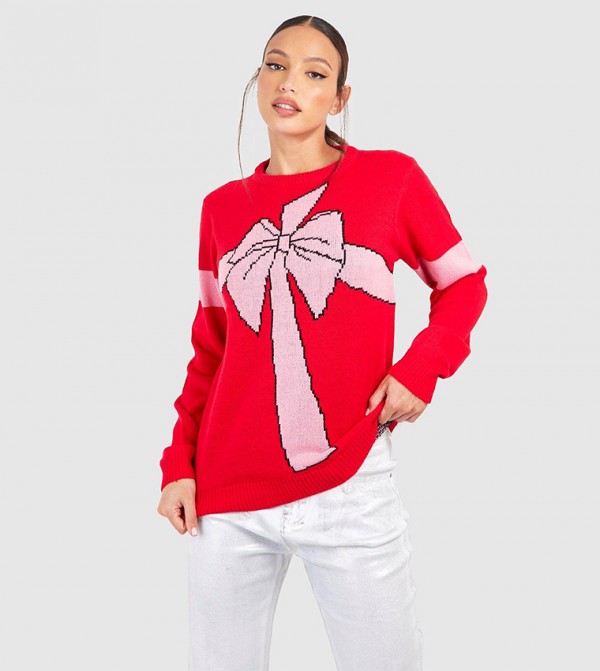 Buy Boohoo Ribbon Christmas Sweater In Red 6thStreet Bahrain