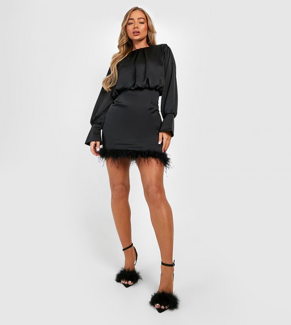 Buy Boohoo Satin Feather Trim Long Sleeves Dress In Black 6thStreet UAE