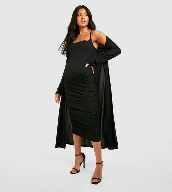 Buy Boohoo Maternity Rib Strappy Cowl Neck Dress Duster In Black