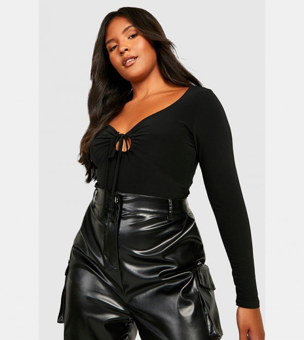 Acetate Slinky Tie Front Bodysuit Top