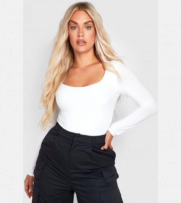 Double Layer Slinky Scoop Neck Bodysuit Top