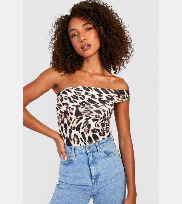 One shoulder leopard outlet print top