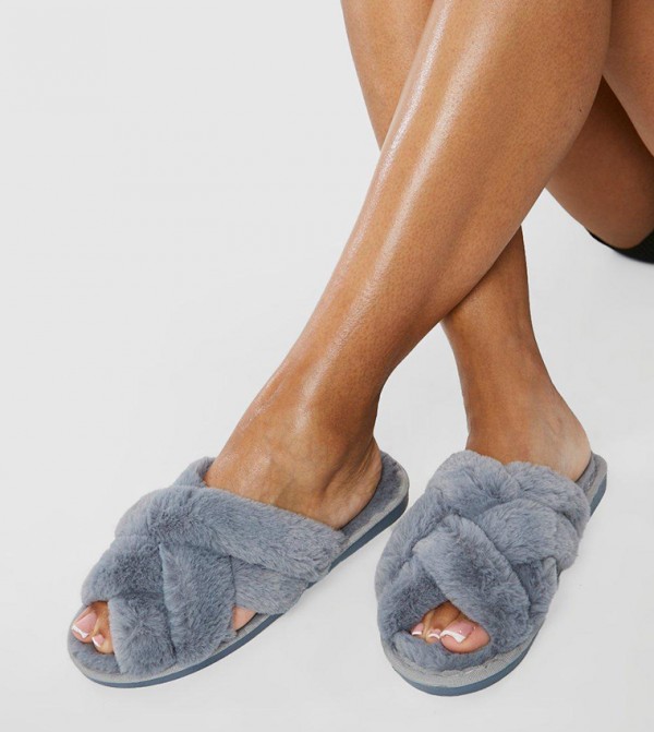 Buy Boohoo Faux Fur Slides In Grey 6thStreet UAE