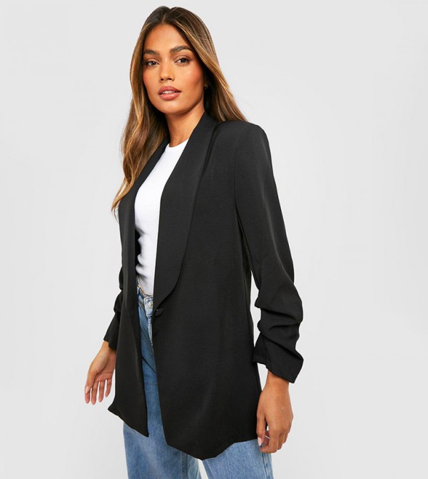 Basic Woven Ruched Sleeves Plunge Lapel Blazer