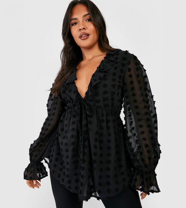 Large Dobby Chiffon Ruffle Smock Top