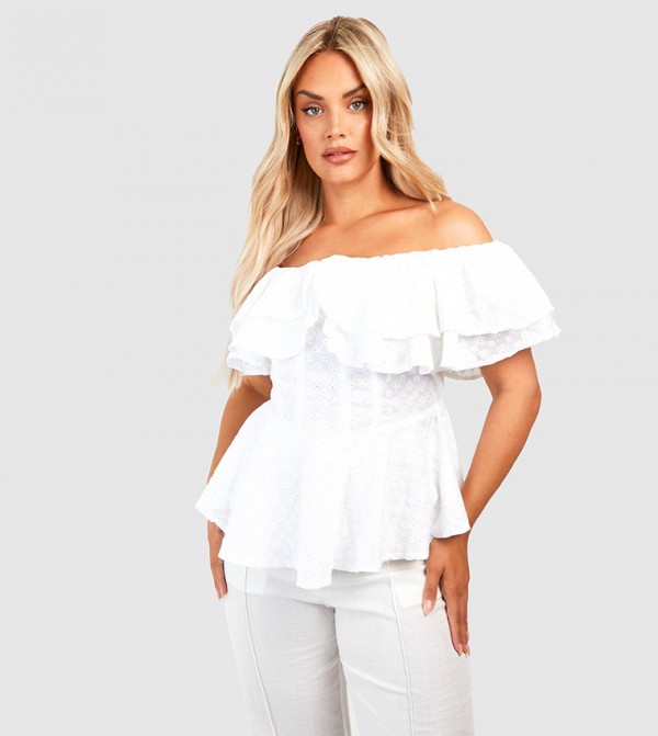 Buy Boohoo Broderie Anglaise Bardot Ruffle Corset Top In White