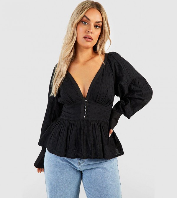 Button Down Brodiere Smock Top