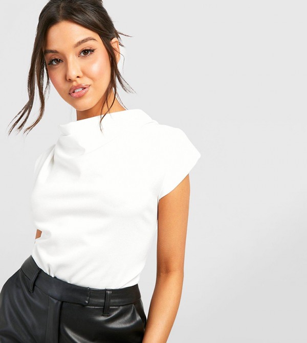 Cowl Neck Crepe Shoulder Pad Top