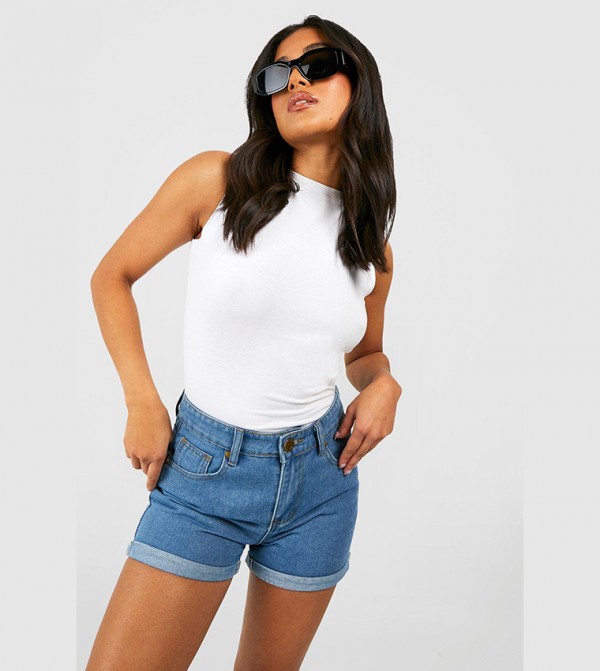 Mid Wash Denim High Waist Turned Up Hem Shorts