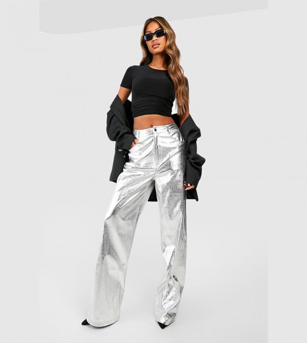 Buy Boohoo High Waist Metallic Full Length Trousers In Silver