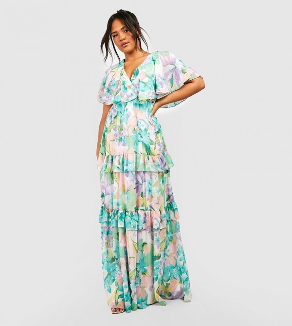 ASOS DESIGN angel sleeve plunge tiered maxi dress with cut out and