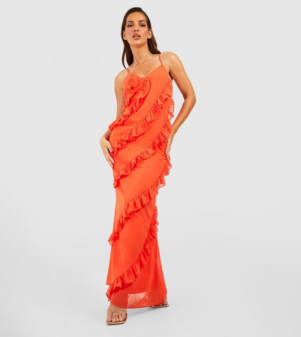 Buy Boohoo Chiffon Ruffle Detail Maxi Dress In Orange 6thStreet UAE