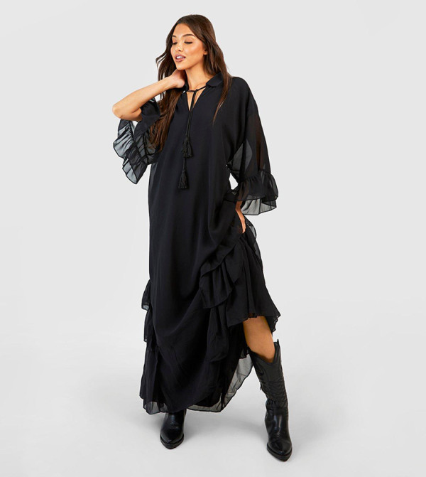 Boohoo Berry Pleated Ruffle Detail Midi Smock Womens Dress