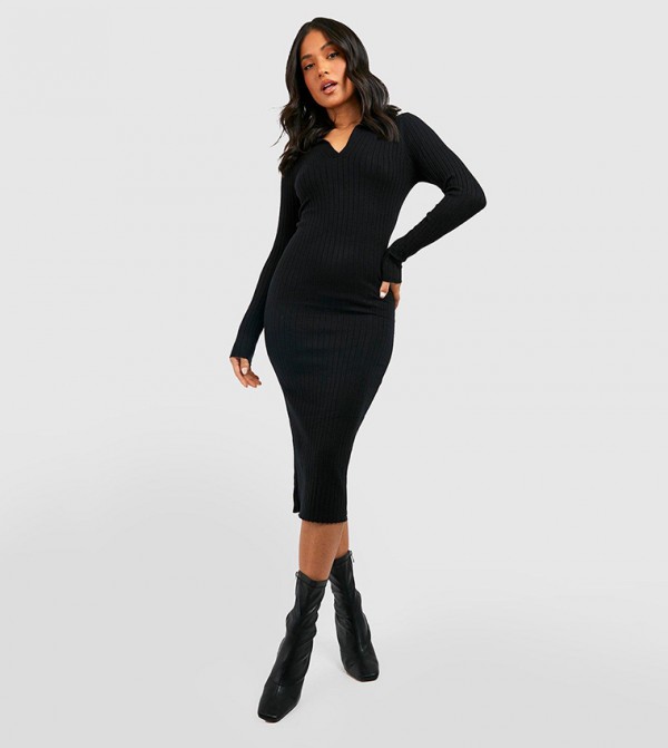 Collar Rib Knit Midi Dress
