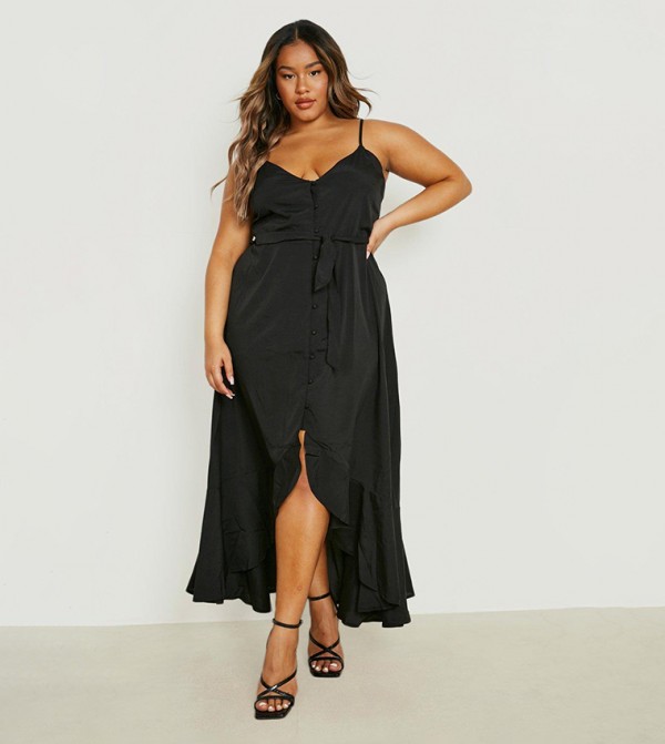 Black frill hem outlet midi dress