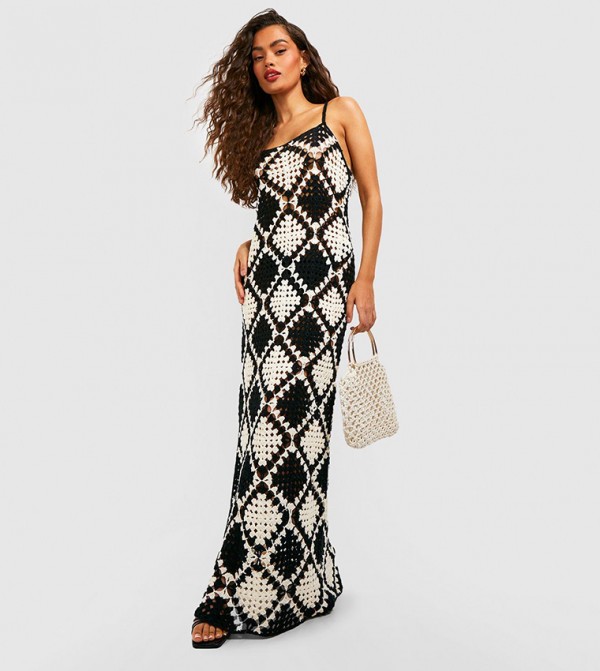 Premium Mono Patchwork Crochet Maxi Dress