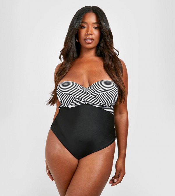 Buy Boohoo Beat Detail Ruched Plunge Swimsuit In Black