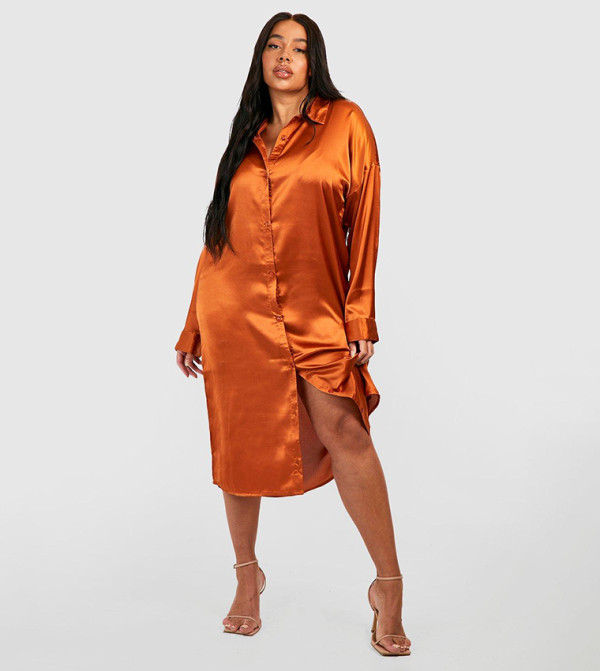 orange satin shirt dress Orange Warehouse Satin Batwing Split Side Midi Shirt Dress