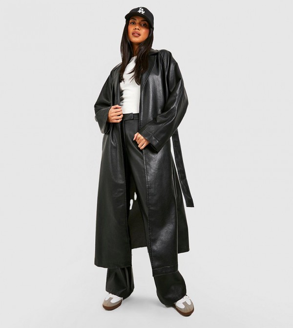 Oversized Faux Leather Belted Trench Coat