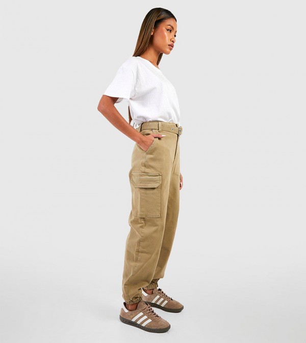 Buy Boohoo Eyelet Belted Cargo Cuffed Jogger In Khaki