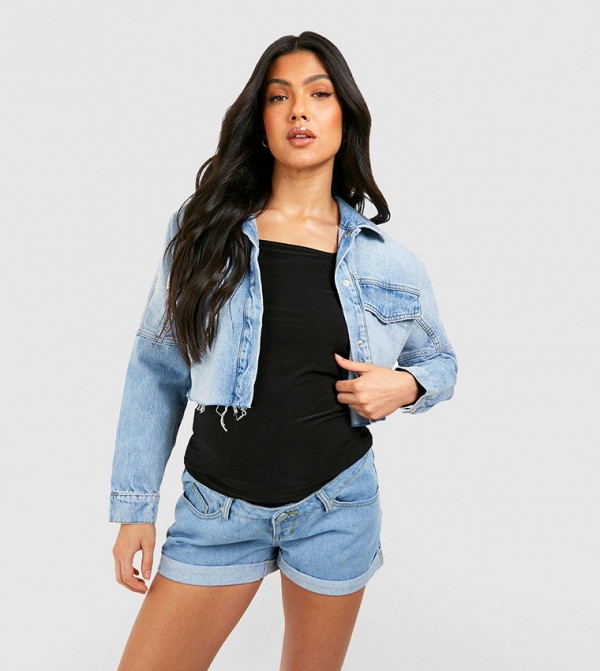 Over Bump Roll Hem Denim Mom Shorts
