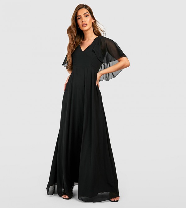 Buy Boohoo Chiffon Cape Sleeves Maxi Bridesmaid Dress In Black ...