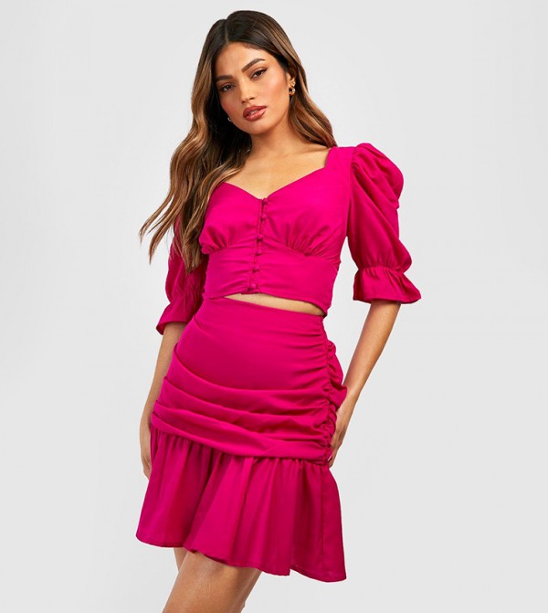 Buy Boohoo Puff Sleeves Top And Ruched Mini Skirt In Pink | 6thStreet UAE