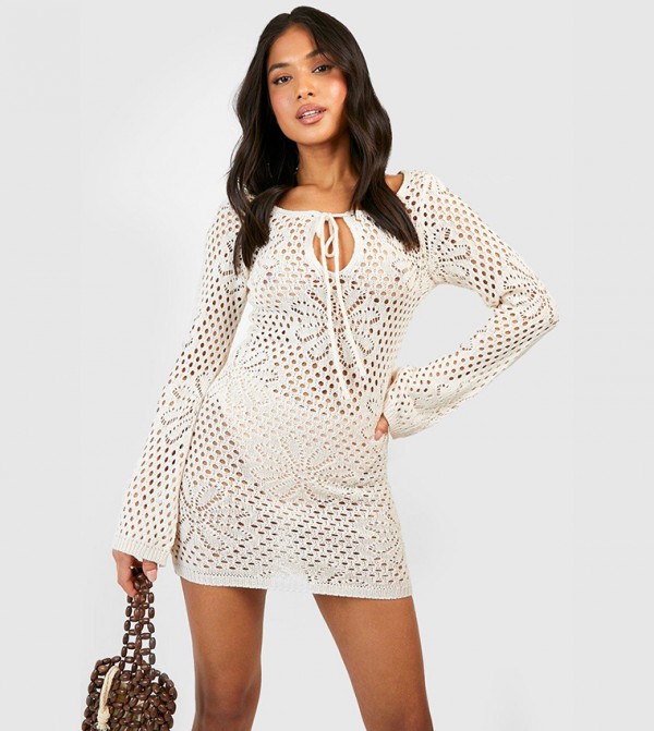 CROCHET FLOWER KNIT MINIドレス Grey Crochet Flower Collared Knit Mini Dress – self-portrait-US