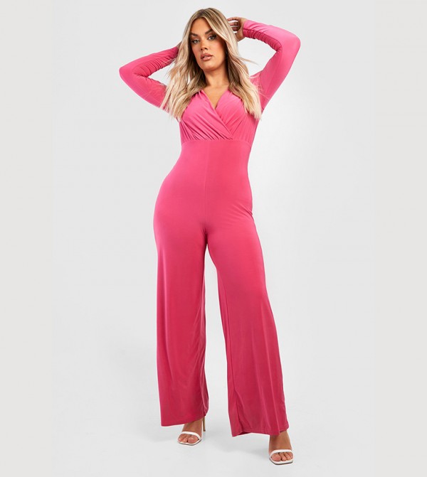 Buy Boohoo Wrap Front Slinky Wide Leg Jumpsuit In Pink 6thstreet