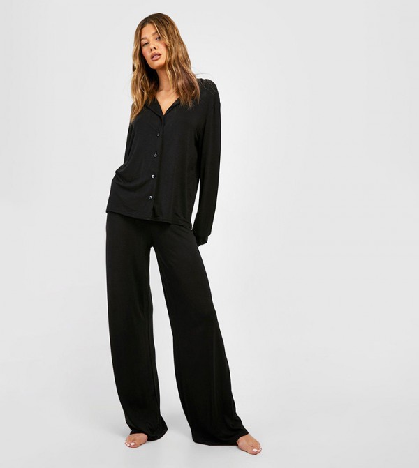 Buy Boohoo Oversized Crop Shirt And Wide Leg Pyjama Set In Black