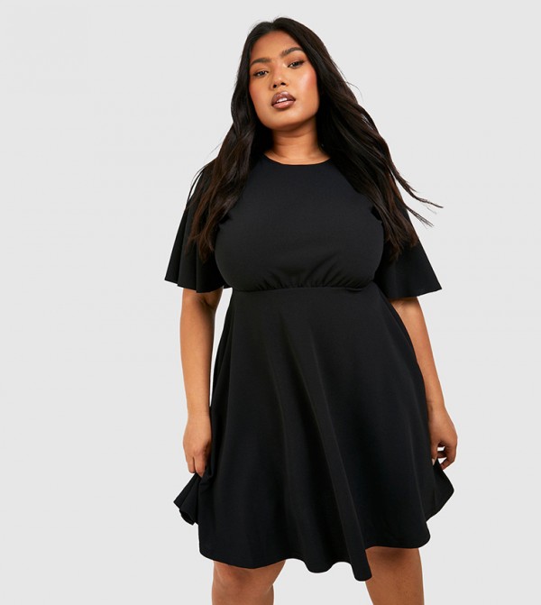 Pleated Angel Sleeves Skater Dress