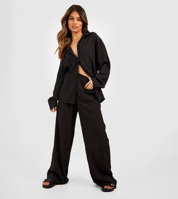 Crinkle Relaxed Fit Wide Leg Trousers